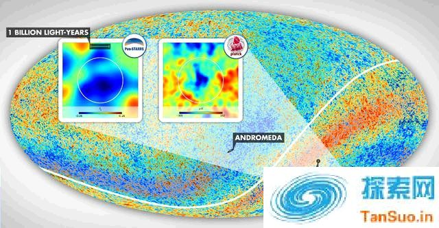 冷斑点位于南半球银河系的波江座中。上图为Szapudi小组使用PS1和WISE数据以及普朗克卫星获得的宇宙微波背景辐射温度数据所合成的天区图，显示出了不同寻常的