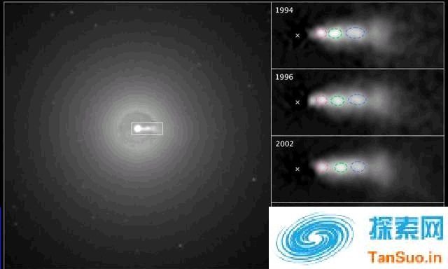 从1994年至2014年，20年内黑洞喷流内部绿色的部分逐渐赶上了蓝色的部分，最终发生了追尾