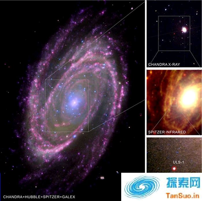 旋涡星系M81中的极亮超软X射线源位置。彩图由美国的Hubble空间望远镜、GALEX紫外望远镜、Spitzer红外望远镜、Chandra X射线望远镜的图像合